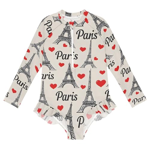 ALAZA Swimsuit for Girls Long Sleeve Rashguard Bathing Suit Eiffel Tower Love Quick Dry 4T