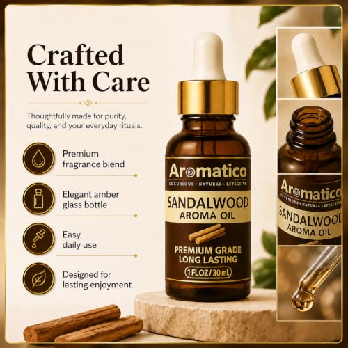 Image of AROMATICO Sandalwood Diffuser Oil, Pure Chandan Fragrance for Aromatherapy, Meditation & Calmness | Versatile Use in Diffusers, Air Fresheners | 30ml.
