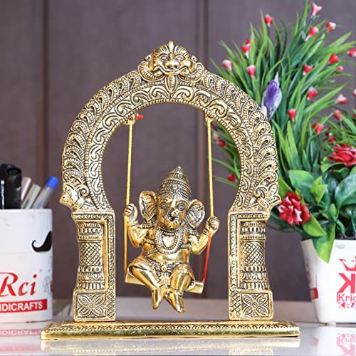 Image of KridayKraft Ganesh ji dori jhula Idol, Ganpati Idol on Swing jhula for Temple Pooja, Ganesh Metal Statue Home, Office & Table Decorative, Religious Showpiece Figurines
