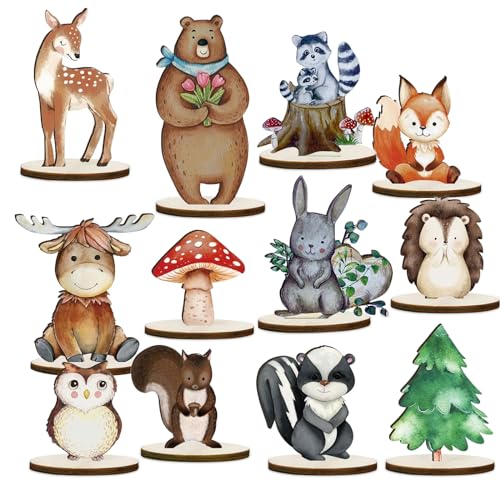 Animais da floresta ornamentos de madeira, floresta decoração de madeira, 12 peças centros de mesa de animais de floresta com base de madeira, animal da floresta decoração ornamento de mesa, decoração aniversário