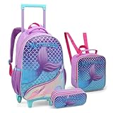 Kit Mochila Escolar com Rodas, Lancheira E Estojo Estampa Sereia, Lilás e Turquesa
