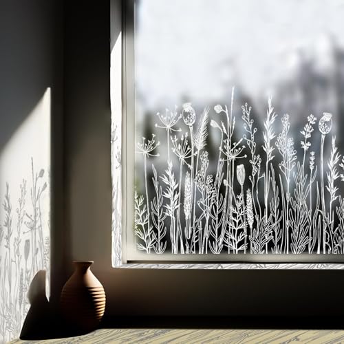 Chicskin 150X58CM Window Film Privacy for Glass Windows, Pure White Vintage Frosted Window Film, Floral Window Clings for Kitchen Bathroom Office Bedroom, Transparent Flowers