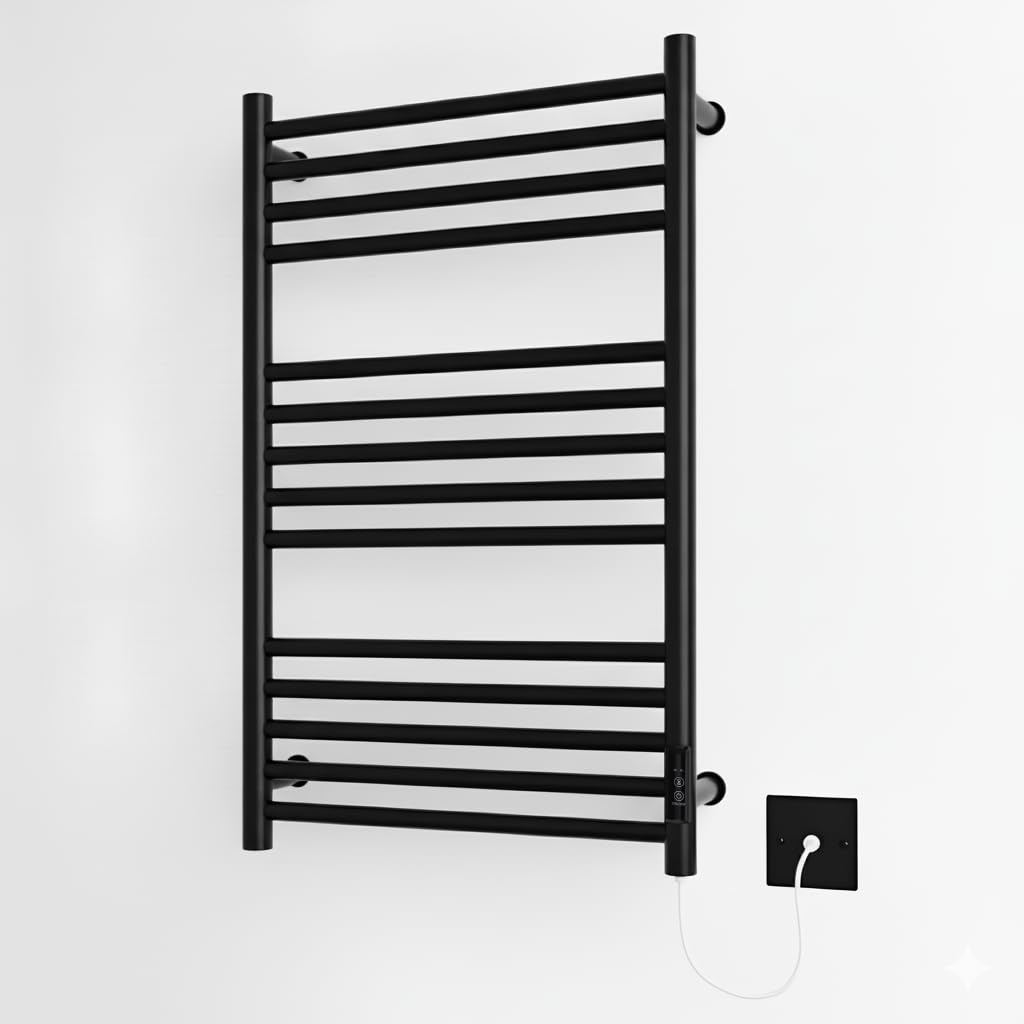Greened House Matt Black Black Electric Heated Towel Rail 500Mm X 720Mm With Built In Timer Energy Efficient