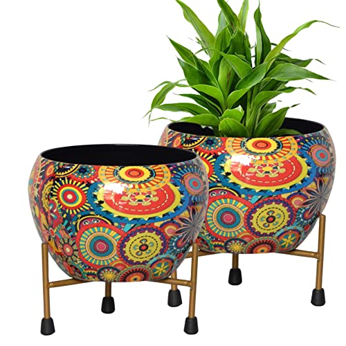 ecofynd 5 inches, Lio Designer Metal Planter Pot with Stand, Modern Style Planter Set, Indoor Outdoor Home Decor Item for Garden Plants Flower, Balcony, Living Room, Garden, Bedroom (Pack of 2)