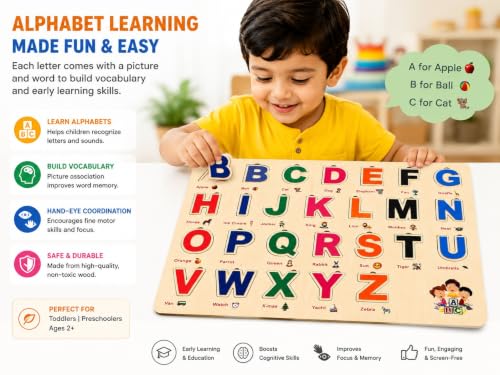 Image of Wooden Name Puzzle for Toddlers 2+ Years | Montessori Letter Matching & Name Recognition Learning Toy | Alphabet Educational Puzzle for Preschool Boys & Girls (Alphabets)