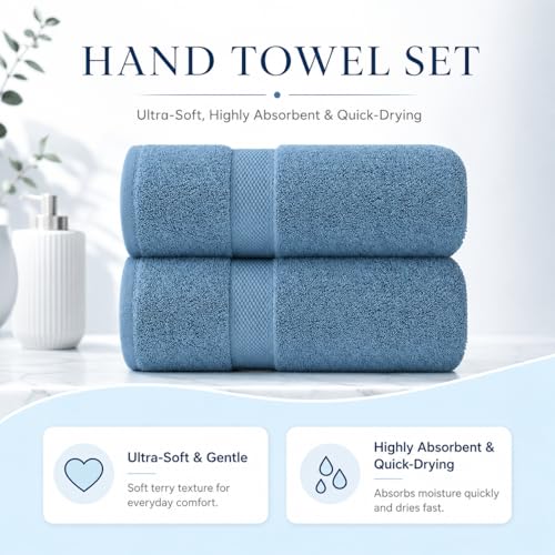 Image of Sulfar 100% Combed Cotton, Quick Drying Highly Absorbent, Luxury Hand Towel Set (Pack of 2, 40 X 70 cm) Dark Blue