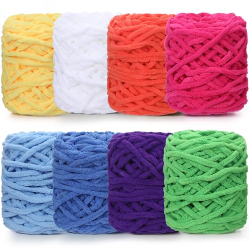 Image of Buryeah Chunky Chenille Yarn for Crocheting Soft Thick Fluffy Yarn for Hand Knitting Bulky Velvet Blanket Plush for Weaving DIY Crafts Each 3.5 oz 55 Yards(Bright Colors,8 Pack)