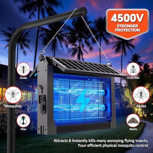Image of Solar Bug Zapper Outdoor Dual Solar Panel, 4500V Mosquito Zapper Waterproof | IPX5 Waterproof, Auto /Off, Solar Power, USB C Charging, Attract All Types Of Flying Insects, Easy to Maintain, Backyard Ideal
