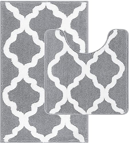 Pauwer Tapis de Bain Antidérapant Microfibre Tapis Toilette Absorbant Tapis Contour WC Lavable en Machine Set de 2,Gris,(53X86cm+50X50cm)