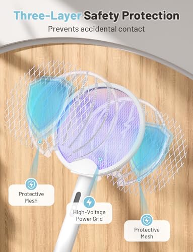 Image of YISSVIC 2 in 1 Mosquito Killer Racket, 4000V Foldable Electric Fly Swatter | Charging Base & Attractant Light, Rechargeable 1800mAh, Bug Zapper Indoor, For Home, Patio, Backyard, Camping