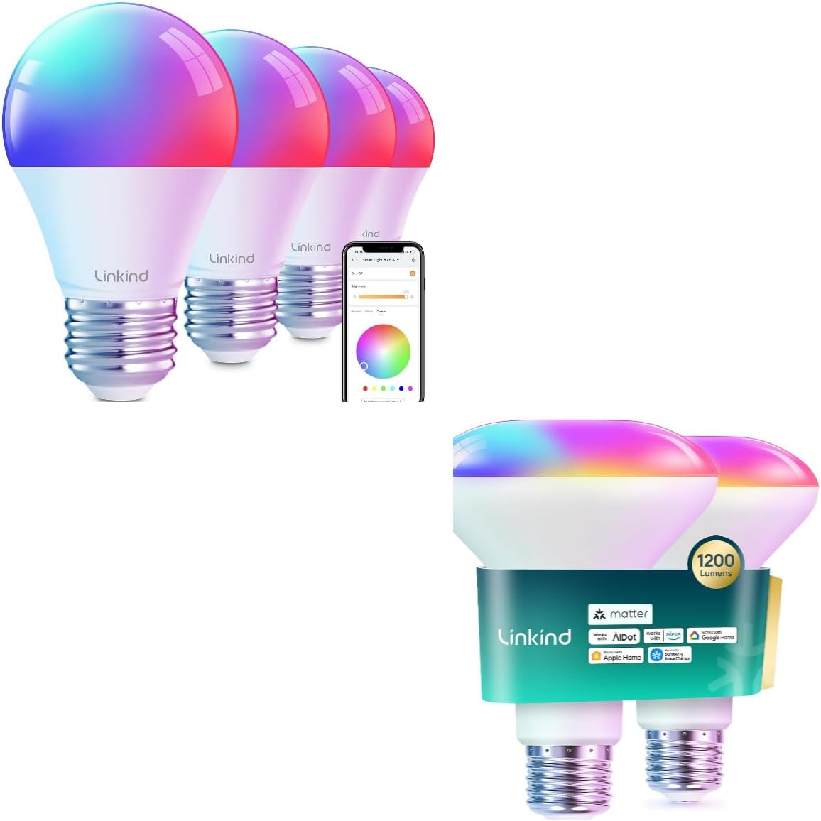 Matter BR30 Smart Recessed Flood Light Bulb 1200lm RGBTW 2Pack Bundle Color Changing Smart Light Bulbs A19 4 Pack, Compatible with Alexa & Google Home
