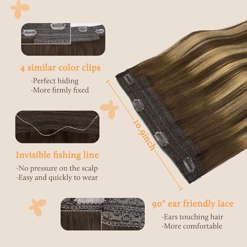 Image of DOORES Human Hair Extensions, Balayage Chocolate Brown to Caramel Blonde 22 Inch 120g, Wire Hair Extensions with Transparent Fish Line Invisible Hairpiece for Women