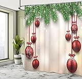 Ambesonne Christmas Decorations Shower Curtain, Xmas Inspired Winter Season Theme Fir Twigs and Vibrant Balls Decor Graphic Print, Polyester Fabric Bathroom Set with Hooks, Green Red