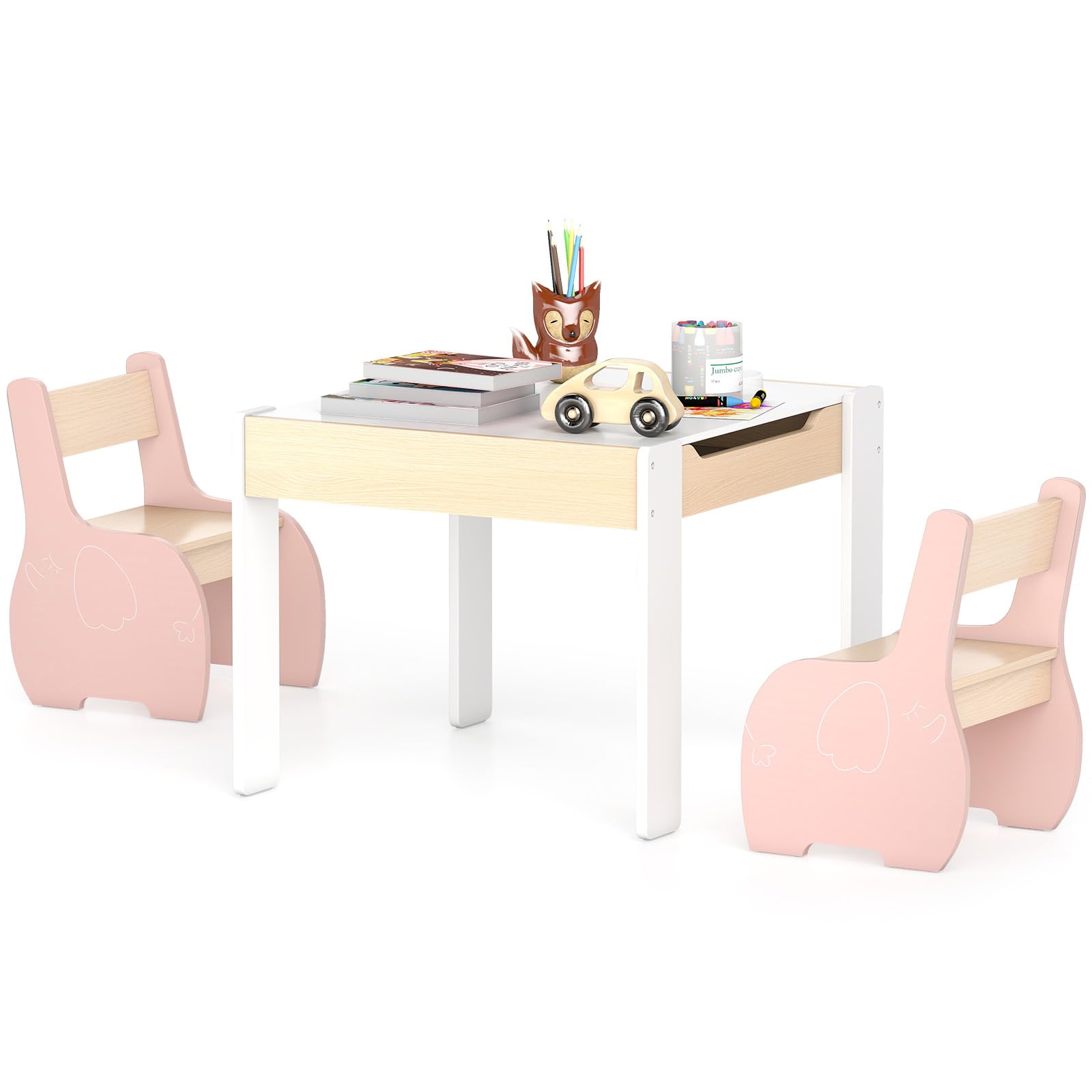 COSTWAY 3 in 1 Set Tavolo e Sedie per Bambini, Tavolo da Attività per Bambini con 2 Sedie, Lavagna Rimovibile e Deposito, per Giocare, Disegnare e Leggere, in Legno (Rosa)