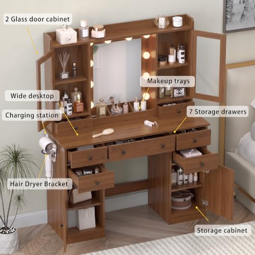 Image of Vanity Desk with Mirror and Lights, 43 inch Makeup Vanity Set with 5 Drawers & Glass Cabinets, Makeup Tray, Power Outlet & Adjustable LED Lights, Dressing Table for Women & Girls Bedroom, Walnut