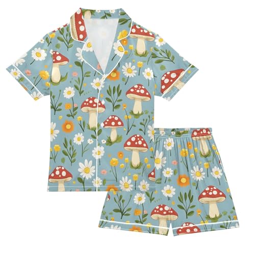 Mushroom Daisy Print Pajamas Set Summer Button Down Sleepwear Pjs Sets Comfy Loungewear