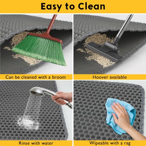 60x40cm Wasserdichte Katzenklo Matte, Doppellagiges Design, Waben Design Katzenstreu Matte, mit Großem Loch, Grau, Katzenmatte Katzenklo aus Ungiftige EVA