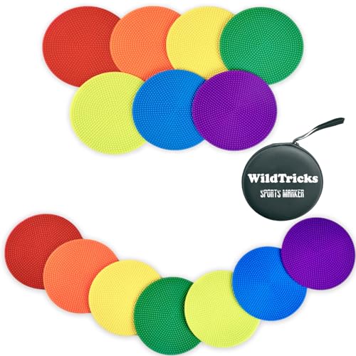 WildTracks 14 Pcs Football Spot Markers Non-Slip Agility Flat Poly Spots 4 inchesFloor Dots for Gym PE Equipment Rubber Circles Multiple Color Sports Markers(with Storage Package)