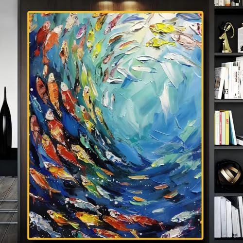 Toile murale poissons pour habiller un grand mur vide et dynamiser un salon trop sombre