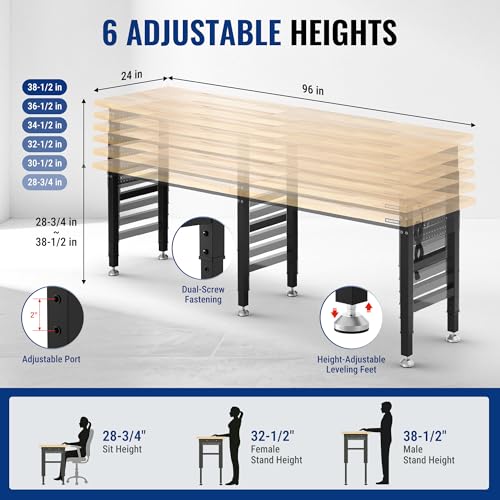 Image of WORKPRO 96 inch Adjustable Workbench, Power Outlet & Pegboard, 4000LBS Capacity