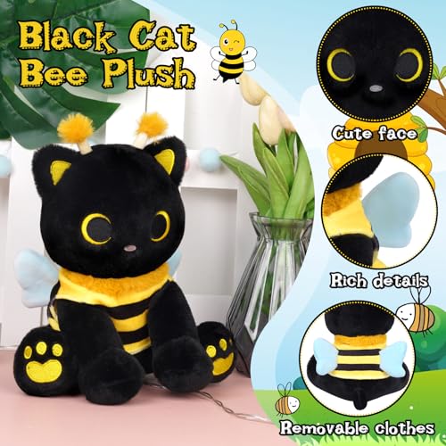 Image of Cat Bee Plush, 8inch Kawaii Black Cat Plush with Honeybee Outfit Costume, Cute Plushies Kitten Stuffed Animal Soft Huggable Plushies Toy for Kids Christmas, Birthday Gifts