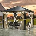 DWVO 10x10ft Gazebo Polycarbonate Hardtop Outdoor Canopy with Netting and Shaded Curtains, Single Roof Garden Tent for Patio, Backyard, Deck and Lawns, Brown