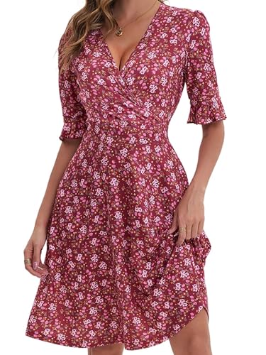 Image of VETIOR Midi Wrap V Neck A line 1 /2 Short Flare Sleeve Dress with Pocket for Women Pear & Apple Shape Friendly