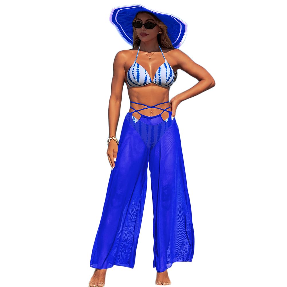 XYFfybhsd Women's Solid Three-Piece Bikini Swimsuit Set Quick-Drying High Elastic(Size:M,Color:Blue 2)