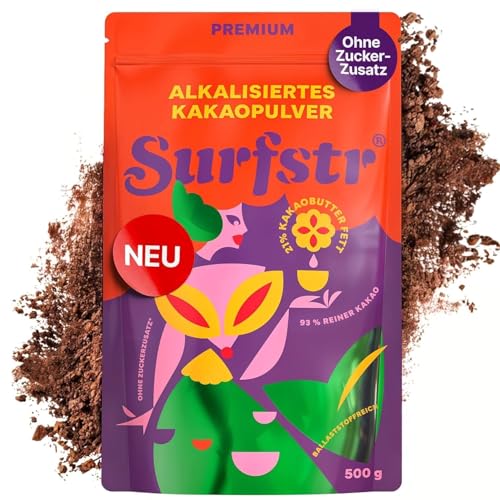Surfstr Premium Kakaopulver 500 g – Intensiver Geschmack, perfekt löslich – Vegan & ohne Zuckerzusatz – Alkalisiertes Kakaopulver (21% Kakaobutter), schwach entölt – Rainforest Alliance-zertifiziert
