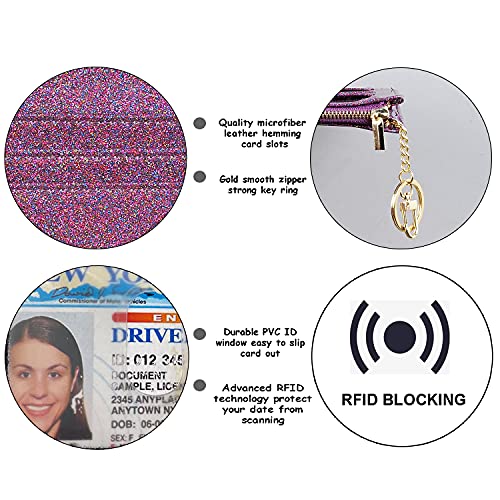 Image of woogwin Slim RFID Credit Card Holder for Women Mini Front Pocket Wallet Purse With Keychain, Glitter Purple, small, Compact