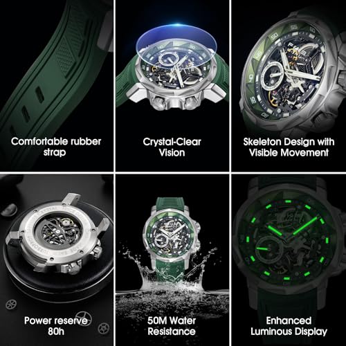 Image of FEICE FM511 Men's Automatic Skeleton Watch, Luxury Sapphire Crystal Glass Blue Dial Luminous Hands, 5ATM Waterproof Sport Wristwatch with Silicone Strap for Men, Casual Mechanical Watches for Men.