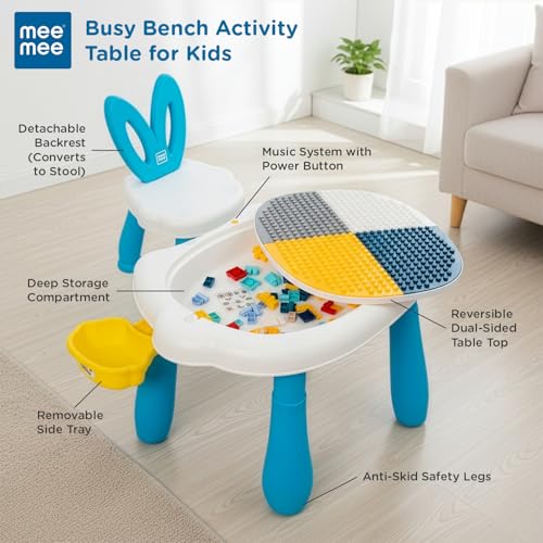 Image of Mee Mee Busy Bench Kids Activity Table with Chair | 2-in-1 Study & Building Desk | Reversible Dual-Sided Top | Marble Run Game Set | Storage Compartment | Musical Play Table | Toddler Table 2-6 Years