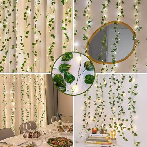 Image of Gesto Artificial Leaf Curtain LED String Lights - Warm White Fairy Lights with 8 Modes Controller, AC Plug for Home,Room,Wall,Birthday, Wedding & Diwali Decoration, Green Leaf Hanging Lights (10x3 Ft)