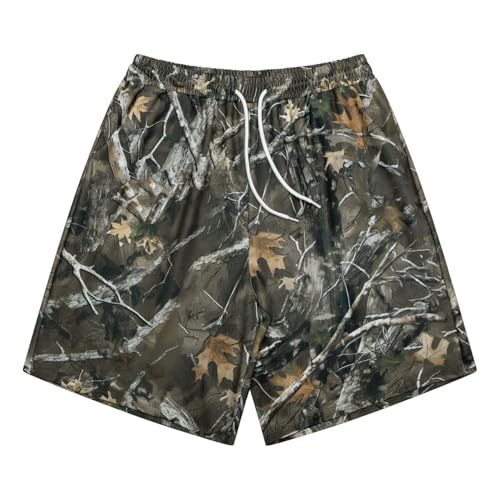 Men's Camouflage Casual Athletic Shorts with Tree Print, Drawstring Waist, Woodland Design