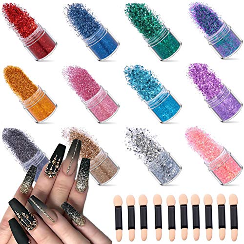 IDALL Nail Art Glitter Powder - 12 Boxes Mixed Color Acrylic Nails Powder with 1mm Hexagon Glitter Sequins Manicure Paillette Perfect DIY Decoration for Nail Cosmetic Body Festival Party