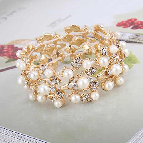 Ever Faith Gold-Tone Crystal Cream Simulated Pearl 1920'S Style Leaf Stretch Bracelet Clear #TOP3