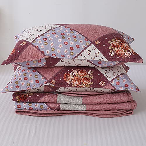 Pink Quilt Set Full Queen Size Patchwork Quilted Bedspread Coverlet Set 3-Piece Floral Reversible Lightweight Stitched Comforter Bedding Set Bed Sheet Cover Blanket With 2 Pillow Shams For All Season #TOP7