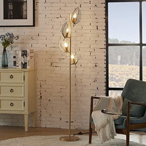 Woxxx Industrial Gold Floor Lamp With 4 Brush Black Finish Leaf Shade, Modern Tree Floor Lamps For Living Room Bedrooms Reading Standing Lamp Living Room Lamps Farmhouse Tall Lamp (4 Bulbs Included) #TOP2
