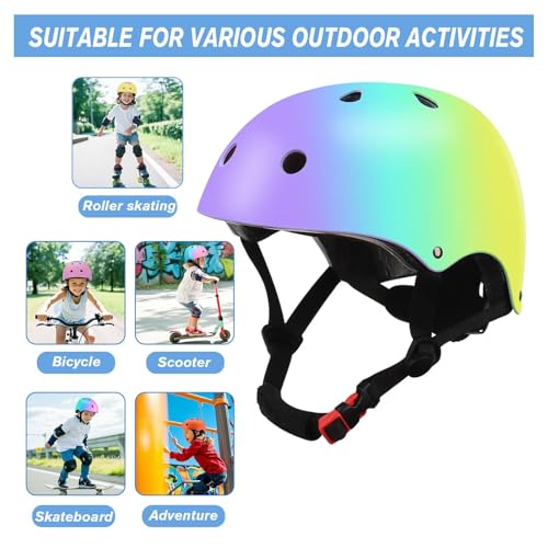Image of Color Gradient Adjustable Kids Bike Helmet with Knee & Elbow Pads Set | Multi-Sport Safety Gear for Boys & Girls Ages 5-14 | Skateboarding, Scooters, Roller & Inline Skating, Longboarding