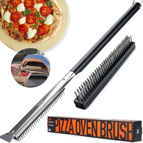 26'' Pizza Oven Brush with Stone Scraper - Includes 2 Brush Heads, Heat-Resistant Silver Stainless Steel Bristles - Long Grip Handle, Compatible with Ooni, Gozney, Blackstone, Solo Stove Ovens
