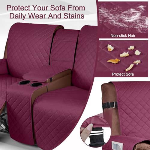 Image of KinCam 100% Waterproof Recliner Loveseat Cover with Console, Non-slip Reclining Couch Covers for 2 Seat, Recliner Sofa Cover Furniture Protector with Elastic Straps for Kids, Pets, Burgundy