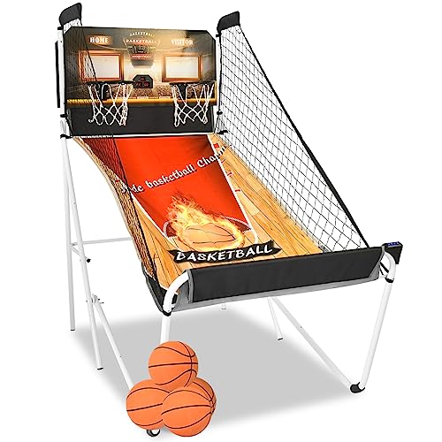 RayChee Foldable Basketball Arcade Game, 8 Game Options, Electronic Dual Shot Basketball Hoop Game w/ 4 Balls and LED Scoring System, Indoor Basketball Game for Youth Adults (White)