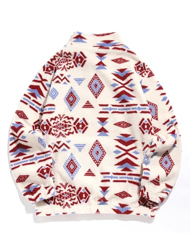 Image of ZAFUL Men 1 /4 Zipper Ethnic Aztec Fleece Unisex Winter Sweatshirt Tops 2026 | Funnel Neck Fluffy Polar Fleece Faux Sherpa Soft Thermal Pullover Kangaroo Pocket Jacket Hoodie Tops