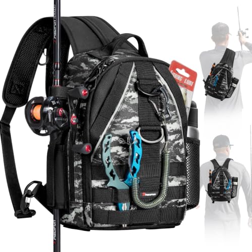 Image of Piscifun Fishing Backpack with Rod Holder, Lightweight Sling Bag Storge Gear and Equipment