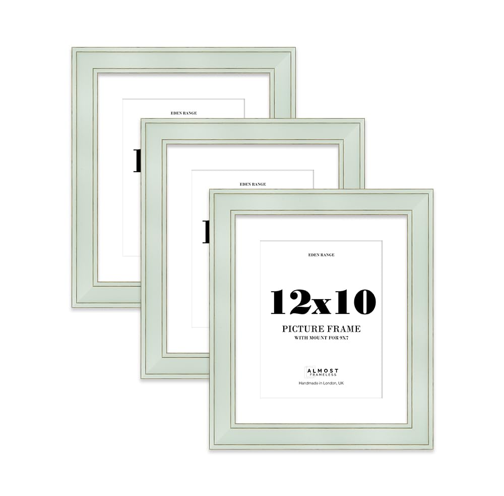 12x10" Sage Green Picture Frame with 9x7" Mount - Shabby Chic Photo Frame with Distressed Finish, Gold Trim, Wall Hooks and Kickstand, 37mm Edge - 3 Pack