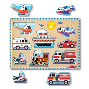 Melissa & Doug Vehicles Sound Puzzle – Wooden Peg Puzzle With Sound Effects (8 pcs) – Sound Puzzles for Toddlers, Wooden Puzzles For Kids Ages 2+