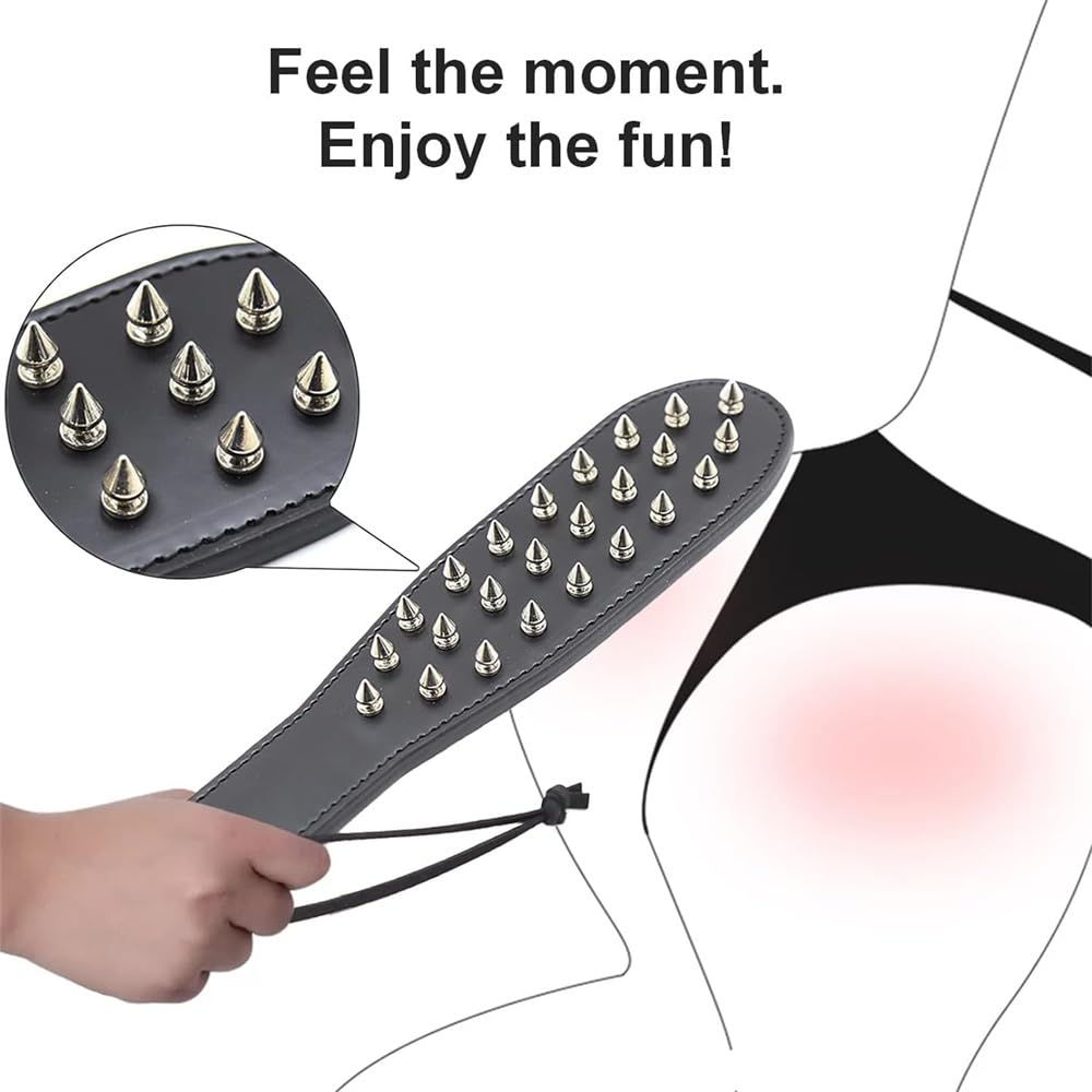 Pfylinqo Studded Spanking Paddle for Adult BDSM, Slut Paddle Sex Play with Safe Single Sided Rivets, Adult Sex Leather Paddle Flogger Spanking with Unique Design for Couples Flirt Play Fetish Cosplay: Black one size