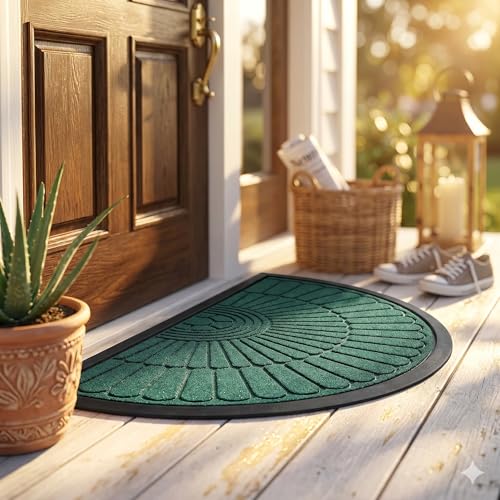 Image of Heavy Duty Half Round Doormat for Outdoor Entrance - Waterproof Low-Profile Rubber Backed Welcome Mat with Anti-Slip Grip & Dirt Trapping Design Door Rug (Green, 45 x 75 CM)
