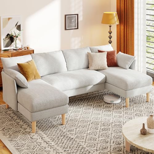 WorthFurni U Shaped Sectional Couches for Living Room, Modular Sectional Sofa with Double Chaise Lounge, 4 Seat Chenille Upholstered Sofa Set, Soft Comfy Couch for Apartment Home (Light Gray)