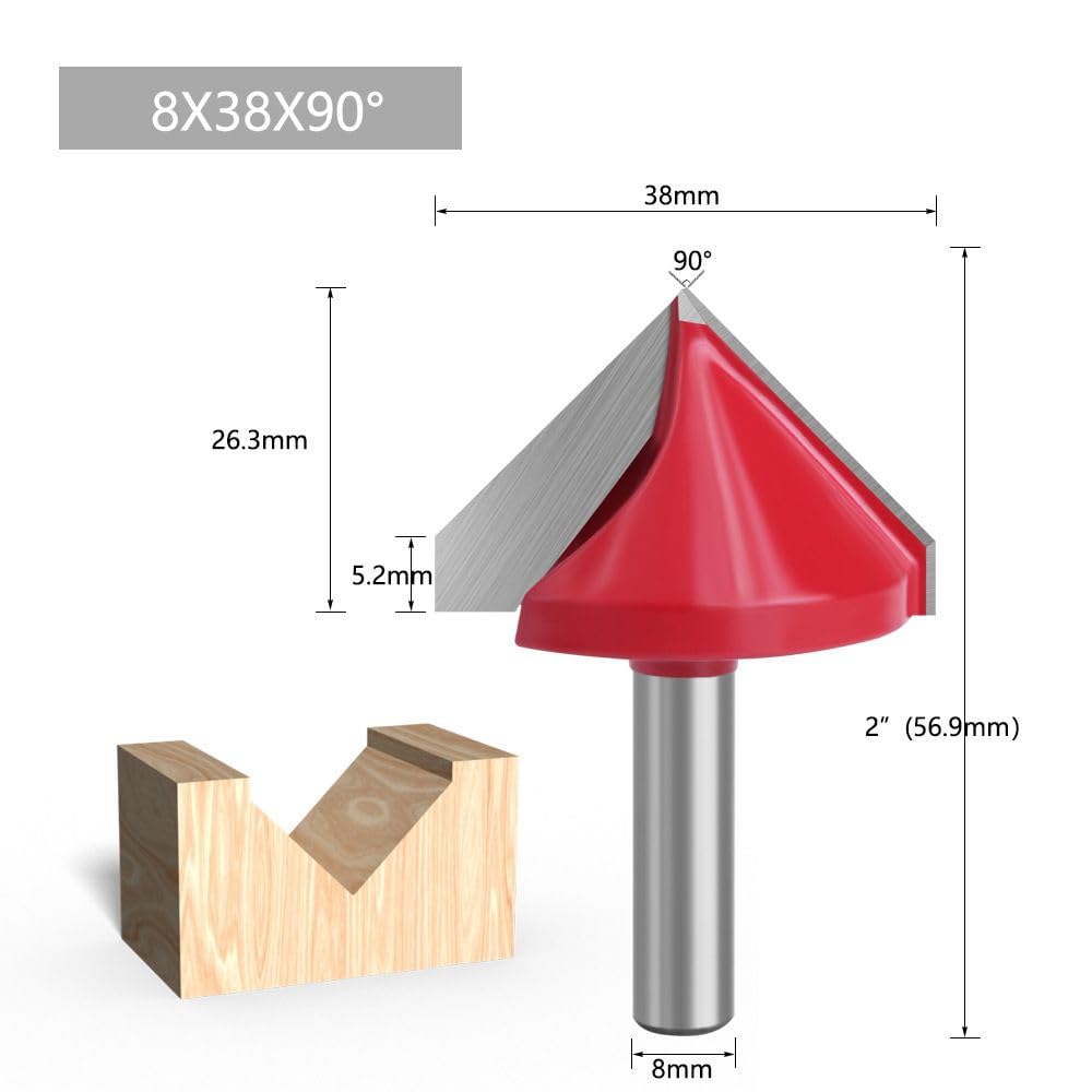 Zestaw frezów do frezowania krawędzi z rowkiem w kształcie litery V, 1 szt., 8 mm, obróbki drewna, fazowania i profilowania, frezarek CNC/ręcznych(8x38x90)